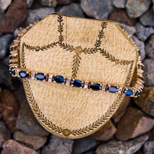 Sapphire Line Bracelet w/ Diamonds 14K Yellow Gold