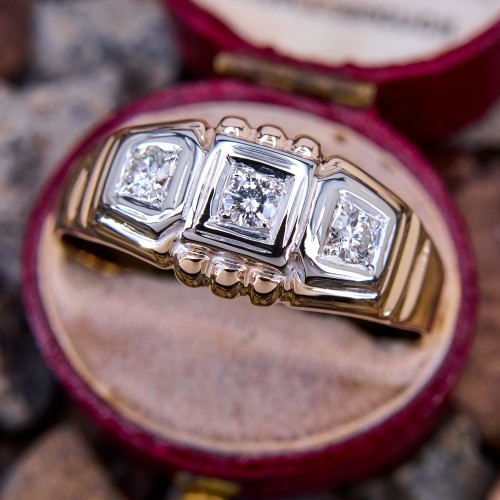 Vintage Mens Two Tone Diamond Ring 14K Yellow Gold