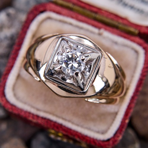 Vintage Mens Diamond Ring 14K Two Tone Gold