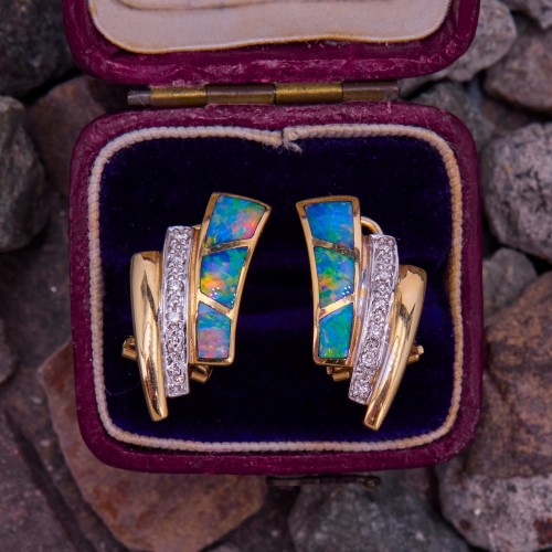Opal Inlay Diamond Earrings 14K Yellow Gold
