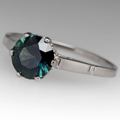 Dark Teal Green No Heat Sapphire Solitaire Ring 1930's Crown Mounting