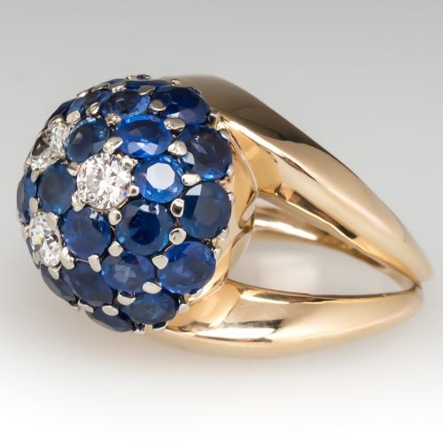 Vintage Dome Cocktail Ring Blue Sapphires & Diamonds 14K Gold