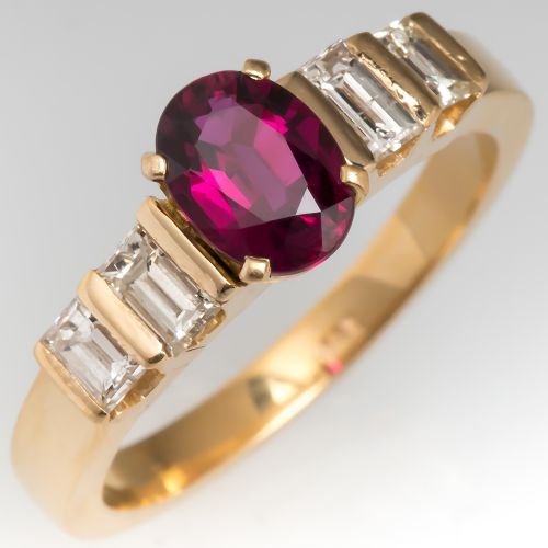 Vivid Ruby Engagement Ring 18K Yellow Gold w/ Baguette Diamonds