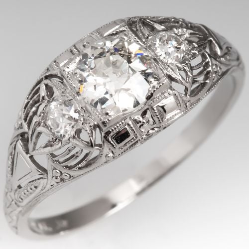 Edwardian Era 1920's Old European Cut Diamond Ring Platinum Filigree .45ct I/SI2