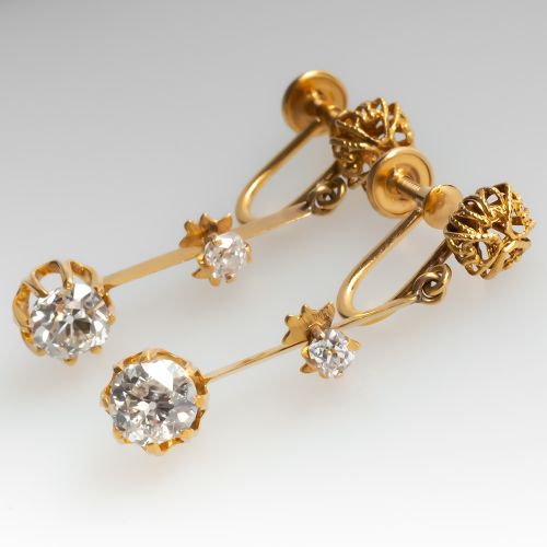 Antique Old Mine Cut Diamond Drop Earrings 14K Gold
