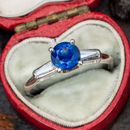 Stunning Blue Sapphire & Tapered Baguette Diamond Engagement Ring Platinum