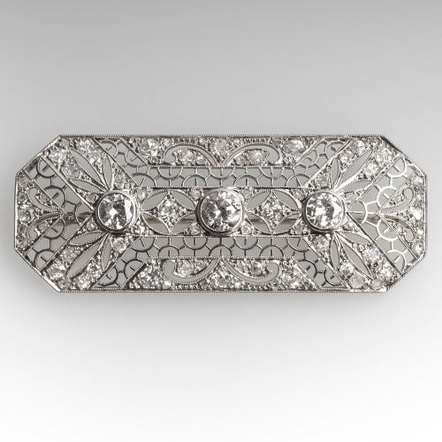 3.3 Carat 1930's Art Deco Ornate Filigree Diamond Brooch Pin Platinum