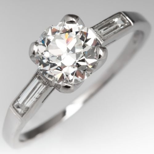 Vintage Transitional Cut Diamond Engagement Ring w/ Baguette Accents .94ct I/VS1 GIA