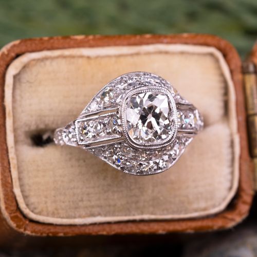 Antique Old Mine Cut Diamond Bezel Engagement Ring Platinum .92ct I/SI2 GIA