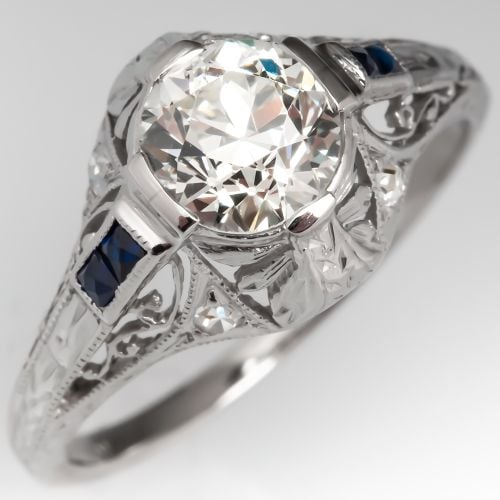 Filigree Art Deco Engagement Ring Old Euro Diamond w/ Sapphire Accents .94ct L/VS1 GIA