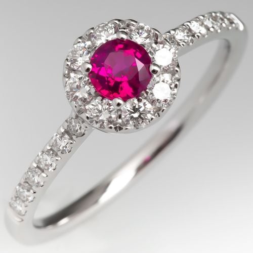 Petite Ruby Diamond Modern Halo Engagement Ring 14K