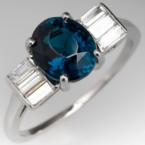 Blue Green Tourmaline & Diamond Deco Style Engagement Ring