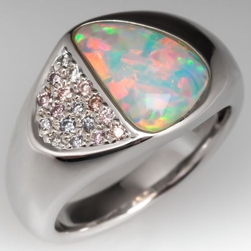 Tremonti Flush Set Opal & Diamond Ring 14K White Gold