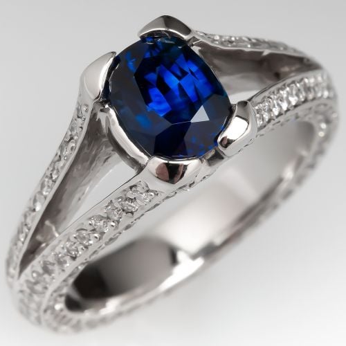 Blue Sapphire Engagement Ring Platinum w/ Diamonds Split Shank, Size 5.75