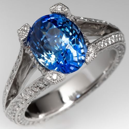 3.4CT No Heat Icy Blue Sapphire & Diamond Ring Platinum Split Shank