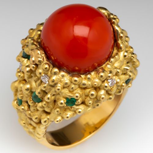 Orangey Red Coral Cocktail Ring 18K Gold w/ Diamond & Emerald Accents