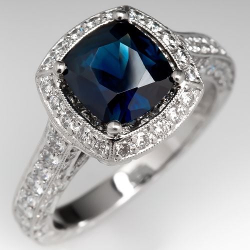 No Heat Dark Blue Sapphire Engagement Ring w/ Diamond Halo Jack Kelege