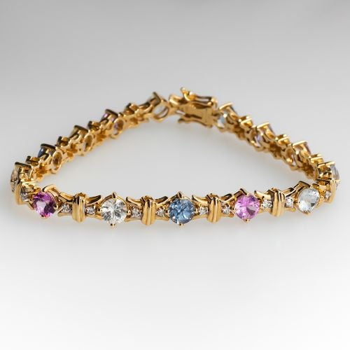 Multi Color Sapphire No Heat Bracelet 14K Gold w/ Diamond Accents