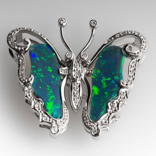 Black Opal & Diamond Butterfly Pin/Pendant 18K White Gold