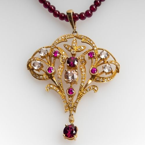 Dallas Prince Garnet Bead Pendant Necklace 14K Gold