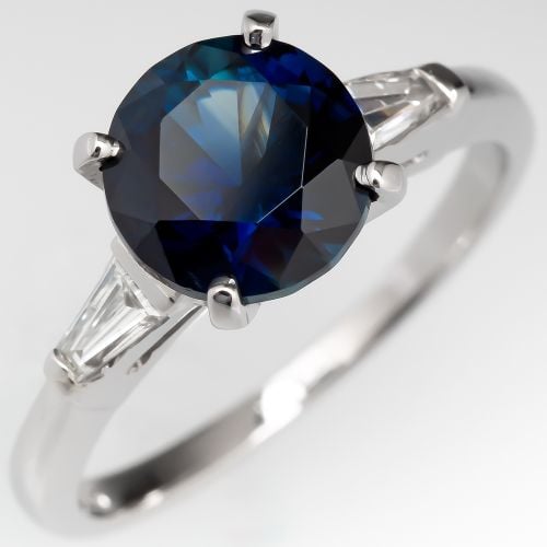 No Heat Dark Blue Green Sapphire Engagement Ring Platinum w/ Baguettes