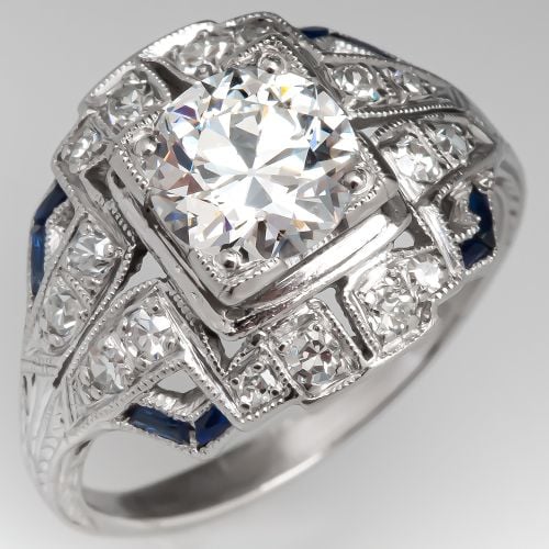 Art Deco Engagement Ring Diamond w/ Sapphire Accents 1.02Ct E/VS1 GIA