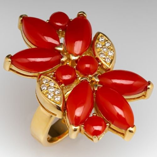 Denoir Brazil Red Coral Ring w/ Diamond Accents 18K Yellow Gold