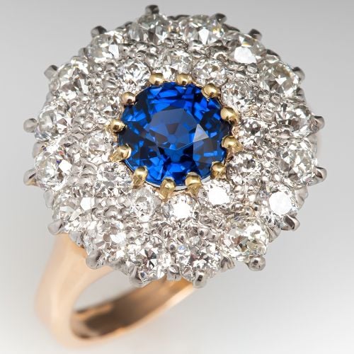 Vintage Blue Sapphire Ring w/ Starburst of Old Euro Diamonds