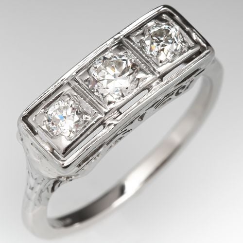 Vintage Filigree Three Stone Diamond Ring 14K White Gold