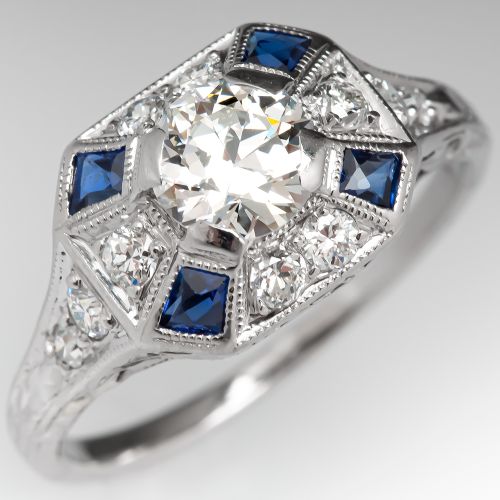 Transitional Cut Diamond Engagement Ring w/ Created Sapphires .64ct G/VS2