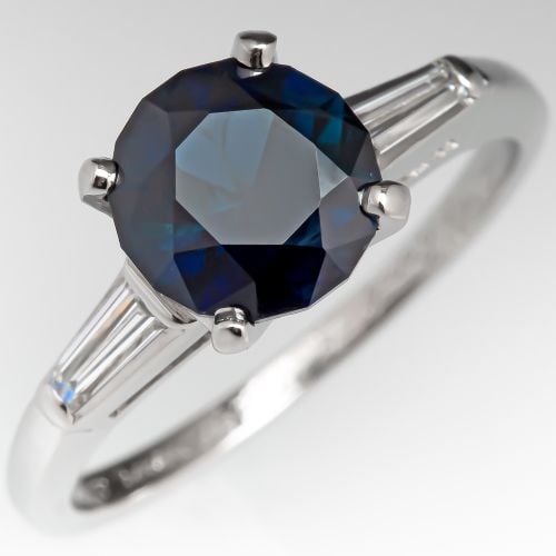 Dark Blue No Heat Sapphire Engagement Ring w/ Baguette Diamonds 2.09ct