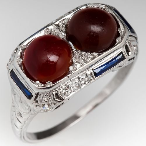 Toi Et Moi Art Deco Ring Sard Chalcedony w/ Sapphires & Diamonds