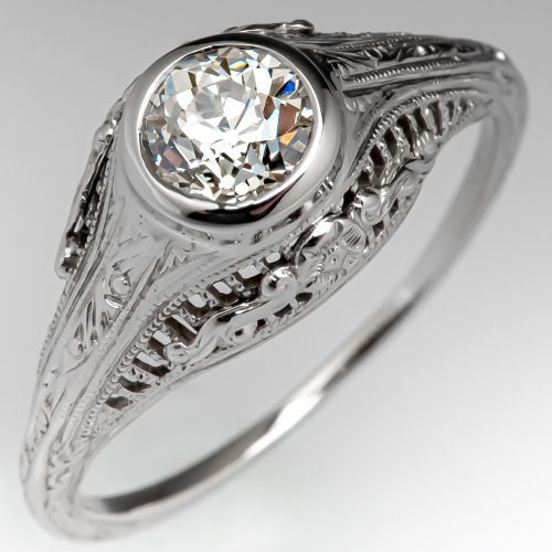 1930's Antique Filigree Diamond Engagement Ring 18k White Gold .68ct L/VS1 GIA