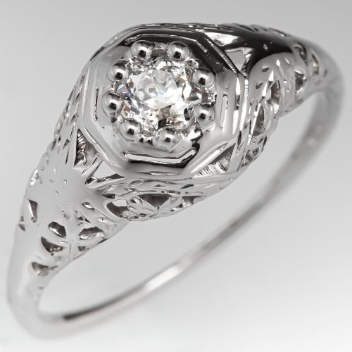 1930s Delicate Filigree Engagement Ring Old Euro Diamond .25ct H/I1