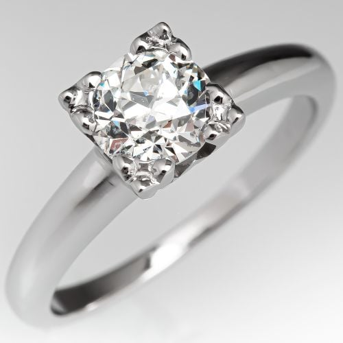 Vintage Squared Solitaire Engagement Ring w/ Round Transitional Cut Diamond .74ct J/I1 GIA