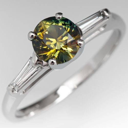 No Heat Multi Colored Sapphire Engagement Ring w/ Baguette Cut Diamonds Platinum