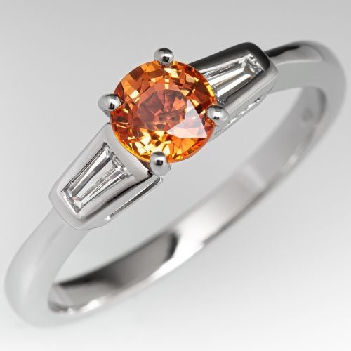 1.08 Carat Orange Sapphire Engagement Ring w/ Tapered Baguette Diamonds
