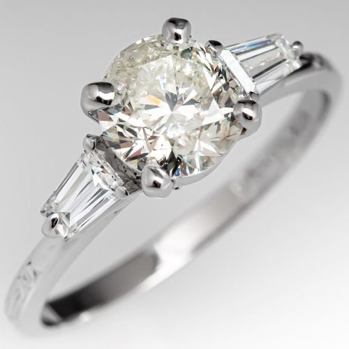 Round Diamond w/ Baguette Accents Engagement Ring .97ct L/I2