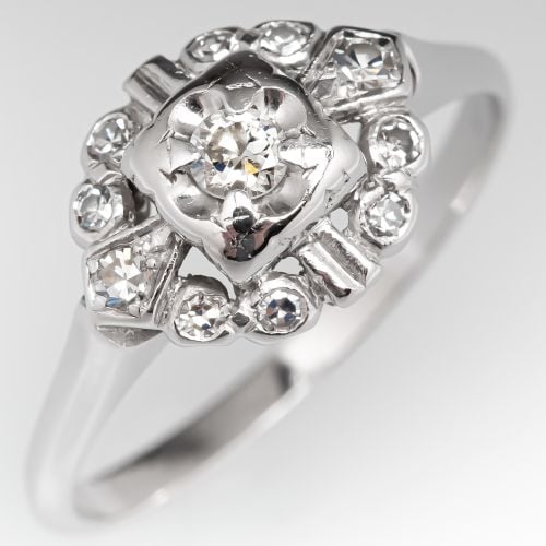 1940s Detailed Transitional Cut Diamond Engagement Ring .11ct G/VS2