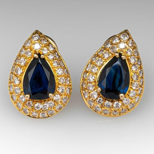 Pear Cut Blue Sapphire Earrings w/ Diamonds 14K Gold