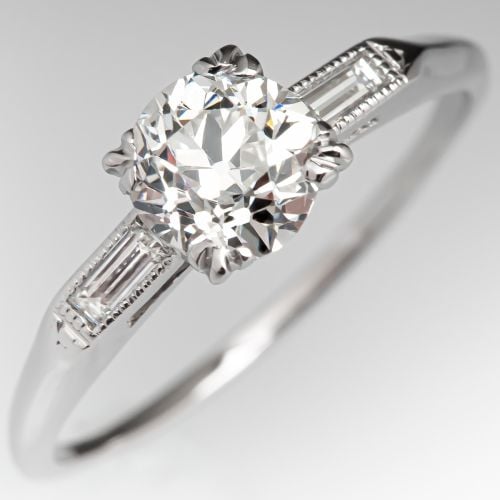 1930's Old Euro Diamond Engagement Ring w/ Baguettes .71ct I/VS2 GIA