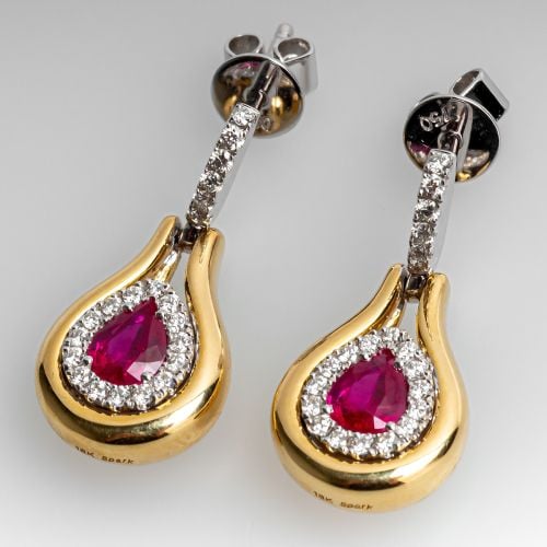 Spark Pear Cut Ruby Earrings w/ Diamond Accents 18K Yellow Gold