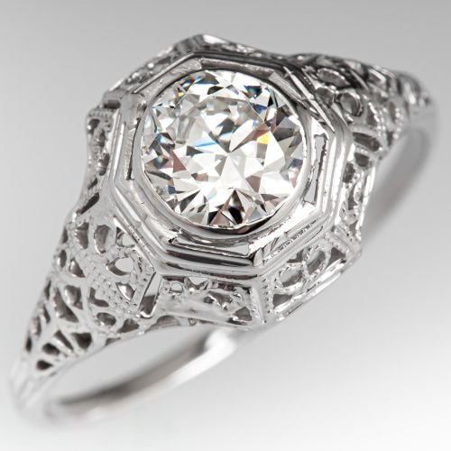 Delicate Antique Filigree Engagement Ring Transitional Cut Diamond .65ct F/SI1 GIA
