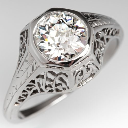 Antique Old Euro Diamond Filigree Bezel Engagement Ring .89ct J/SI1