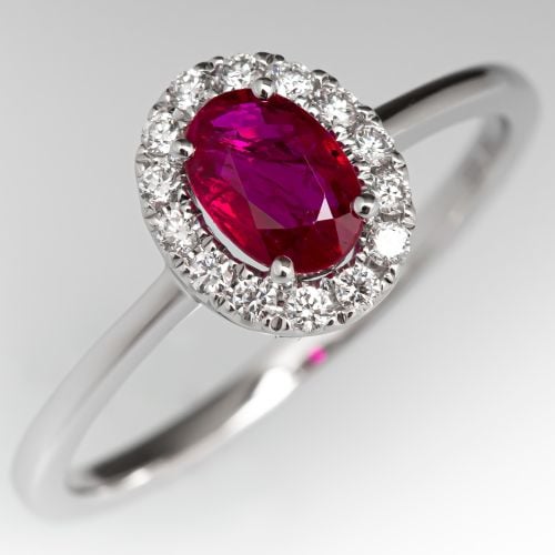 Oval Ruby Engagement Ring w/ Diamond Halo 14K White Gold