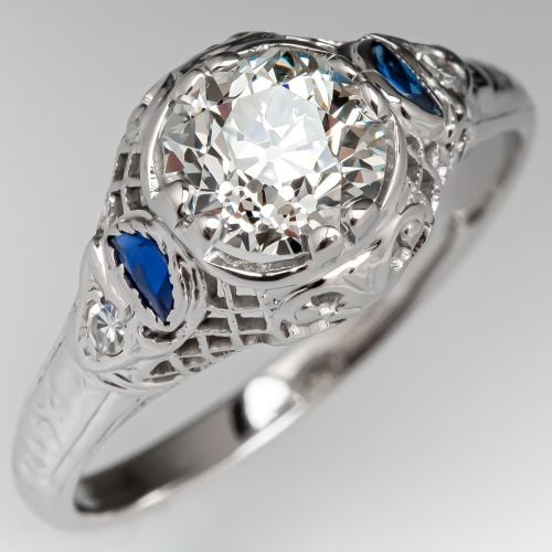1930's Antique Old Euro Diamond Filigree Engagement Ring .99ct J/SI1 GIA