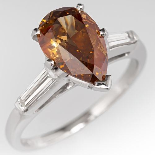 Pear Cut Fancy Orange Brown Diamond Engagement Ring 1.82ct I2