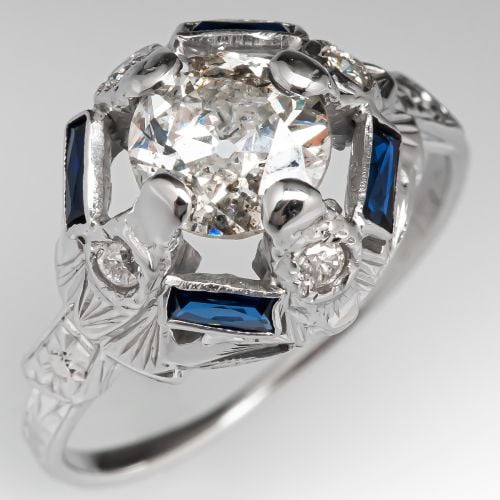 Art Deco Old Euro Diamond Ring w/ Lab Sapphires 1.26ct J/I2