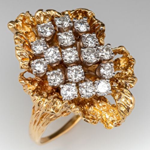 Vintage Diamond Cocktail Ring Freeform Organic Design 14K Gold