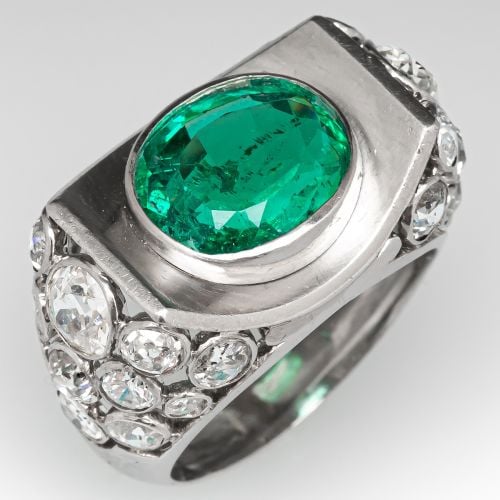 3 Carat Emerald Ring w/ Old Cut Diamond Accents in Platinum